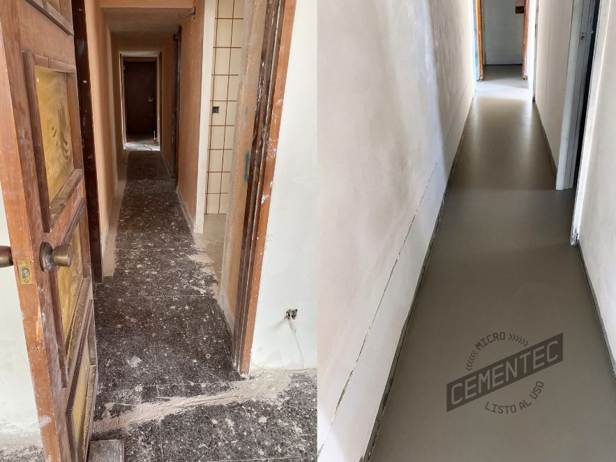 Before and after the renovation project with ready-to-use microcement in the corridor.